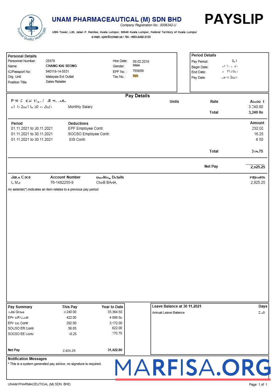 Printable Unam Pharmaceautical (M) Sdn Bhd payslip template